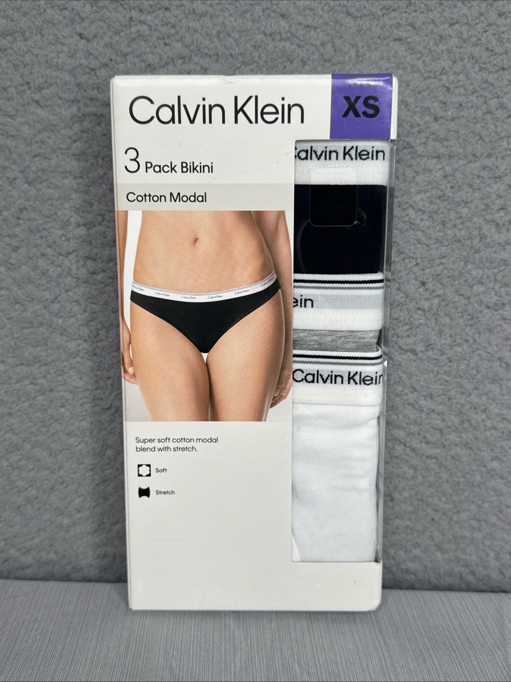 Calvin Klein Womens 3 Pack Bikini Underwear XS Cotton Modal Black Gray White NIB